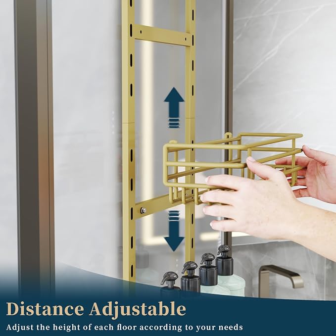Consumest Over The Door Shower Caddy - 5 Tier Adjustable Shower Organizer Hanging with 2 Toothbrush Holders & 4 Hooks, Rustproof Organizer Shelf, Storage Rack for Bathroom, Gold - Image 2