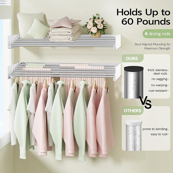 Vikaqi Wall Mounted Clothes Drying Rack 40 inches, Foldable Wall Mount Laundry Rack Folding Indoor, Drying Rack Clothing Collapsible, Hidden Space Saver with Wall Template, 6 Rods, White - Image 4