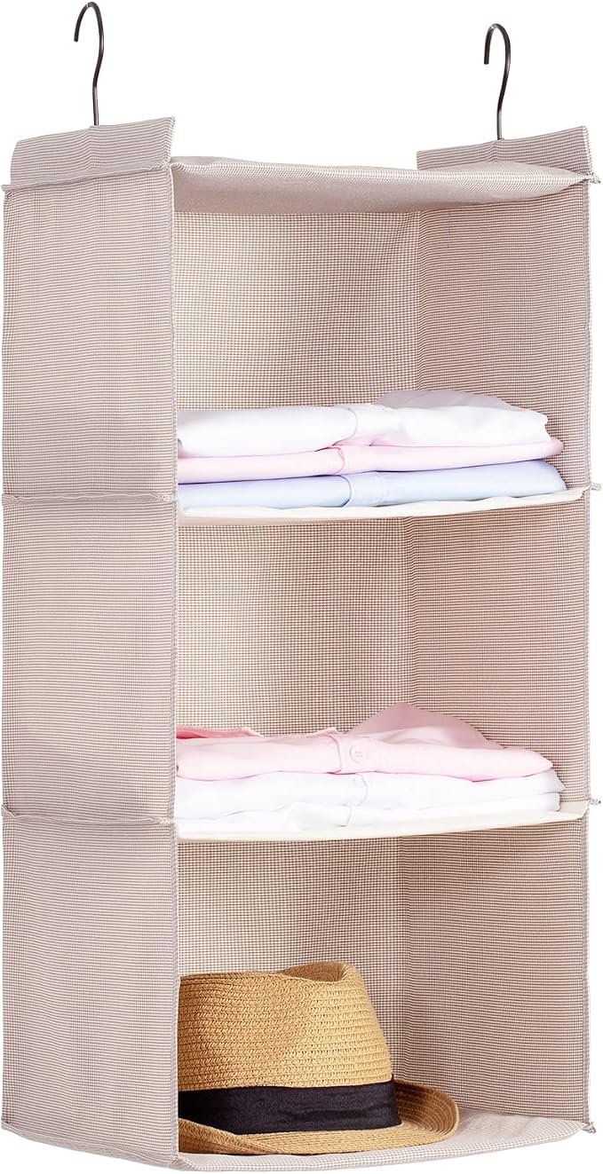 Hanging Closet Organizer 3-Tier, Oxford Wardrobe Storage, Beige Houndstooth | Easy-mount foldable design holds clothes, handbags, shoes & accessories; washable Oxford fabric, sturdy and space-saving. by DonYeco