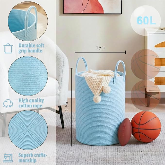 Laundry Basket,Woven Cotton Rope Laundry Hamper,60L for Decor Storage of Dirty Clothes,Toys and Blankets in Bathroom,Baby Room and Living Room - Image 6