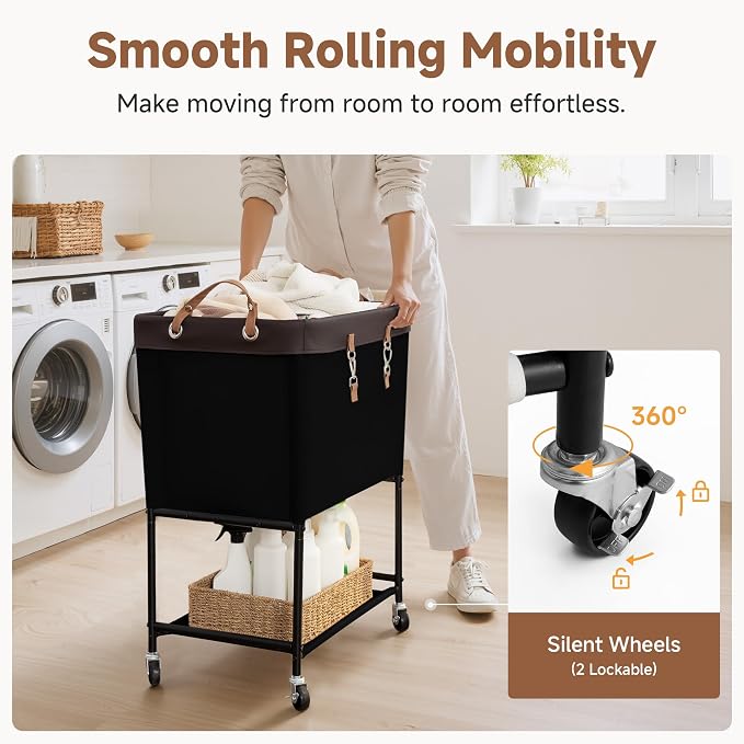 StorageWorks Laundry Cart, 2 Tier Rolling Basket with Wheels, 29 Gal, Black - Image 4