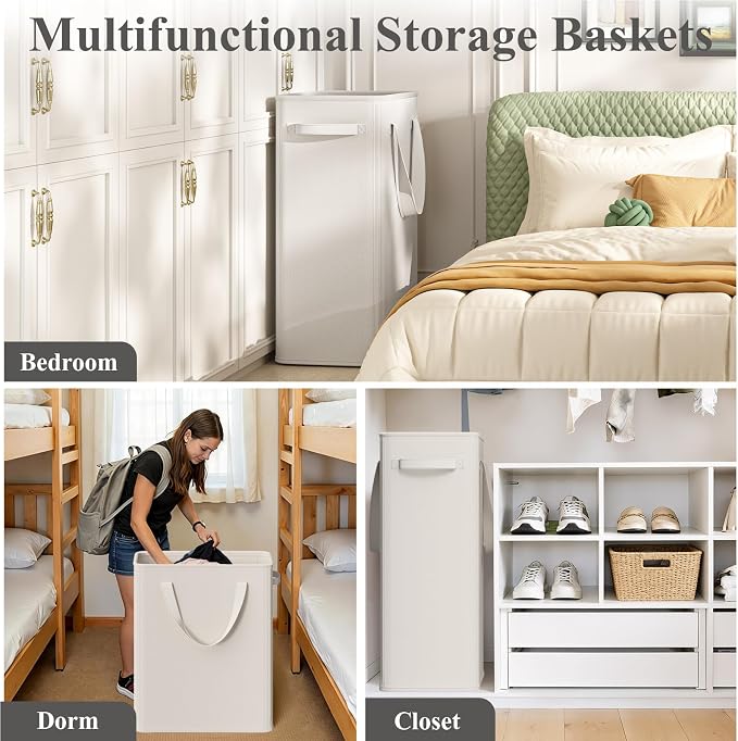 Optish 90L Slim Laundry Hamper, Baby Hamper for Nursery with Handles, Large Laundry Basket for Dorm, Bedroom, Living Room, Collapsible Laundry Basket, White - Image 7