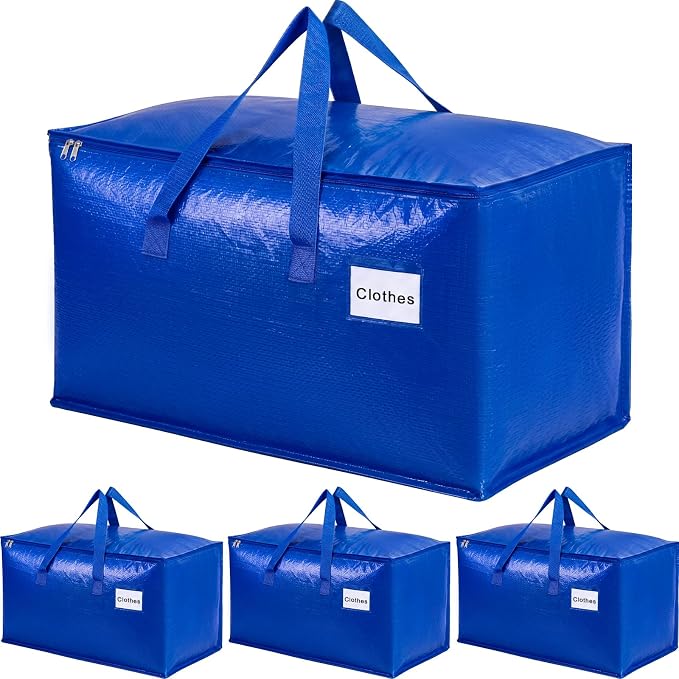 KYODOLED 4 Pack Blue Moving Bags, 24 Gal Large Storage Totes for College | Water-Resistant, Wide-Zipper Opening, Label Window, Heavy Duty Packing Bags for Clothes, Bedding and Dorm Moves, 27x13x15 in by KYODOLED