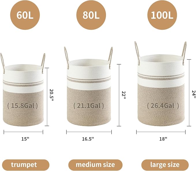 Laundry Basket Hamper Tall Rope Storage Woven for Blanket toys Dirty Clothes in Living Room Bathroom Bedroom (Brown&White, 100L/26.4Gal) - Image 4