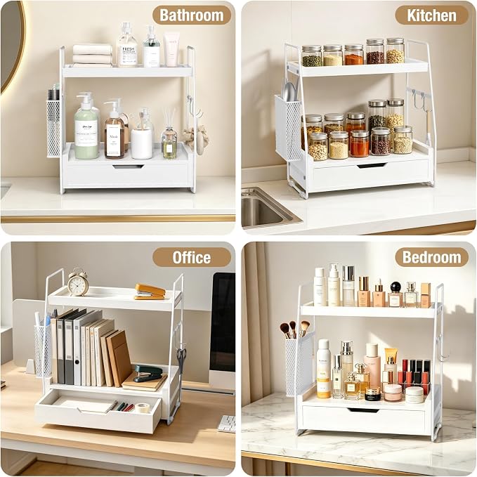 2-Tier Bathroom Counter Organizer with Drawer, Wood Counter Storage Shelf - Image 7