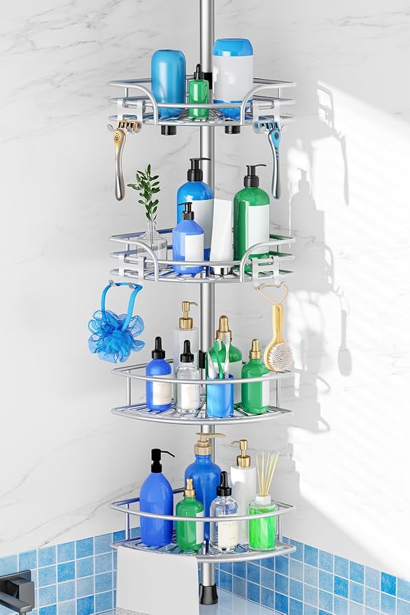 HAMITOR Corner Shower Caddy Tension Pole, Space-saving Bathtub Shelves by HAMITOR