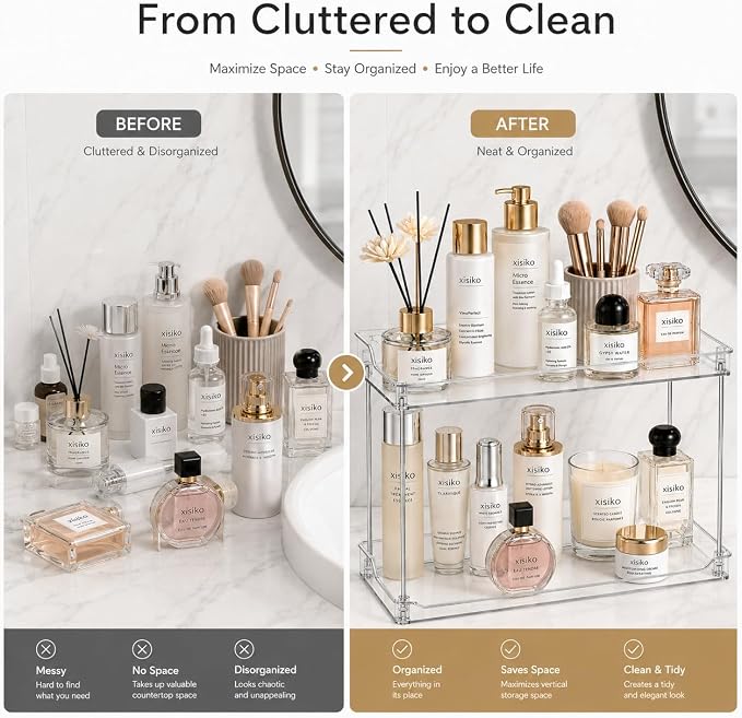 2 Tier Clear Bathroom Counter Organizer, Vanity Organizer for Skincare Makeup Perfume, Multi-Purpose Storage Shelf for Bathroom Kitchen Bedroom - Image 4
