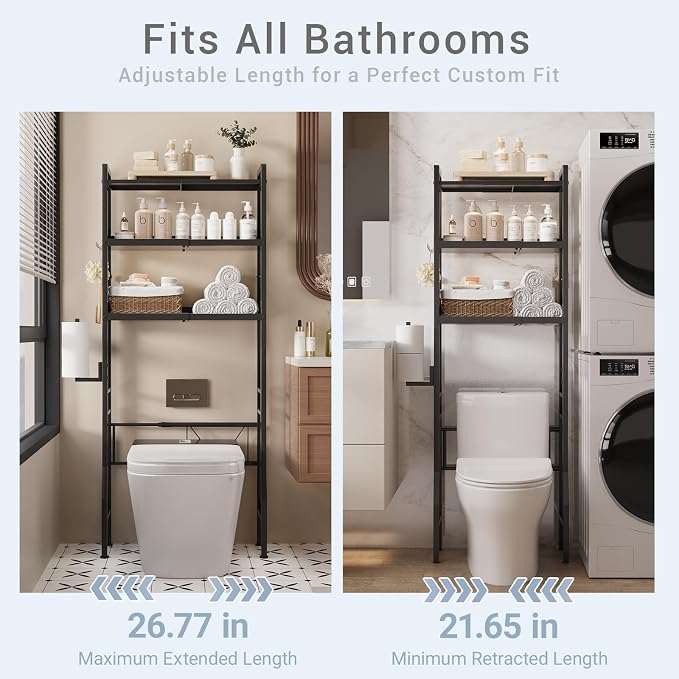 Over the Toilet Storage Shelf 3-Tier Adjustable Bathroom Organizers and Storage Shelves Bathroom Rack Above Toilet Storage with Paper Holder and 4 Hooks Space Saver Storage for Laundry - Image 3