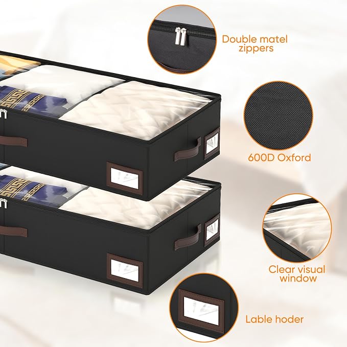 OIAHOMY 2 Pack 53L Under Bed Storage with Adjustable Dividers, 6" Low Profile Underbed Storage Bins for Comforters & Clothes, Save Closet Space with Clear View Lid & Reinforced Handles, Black - Image 3