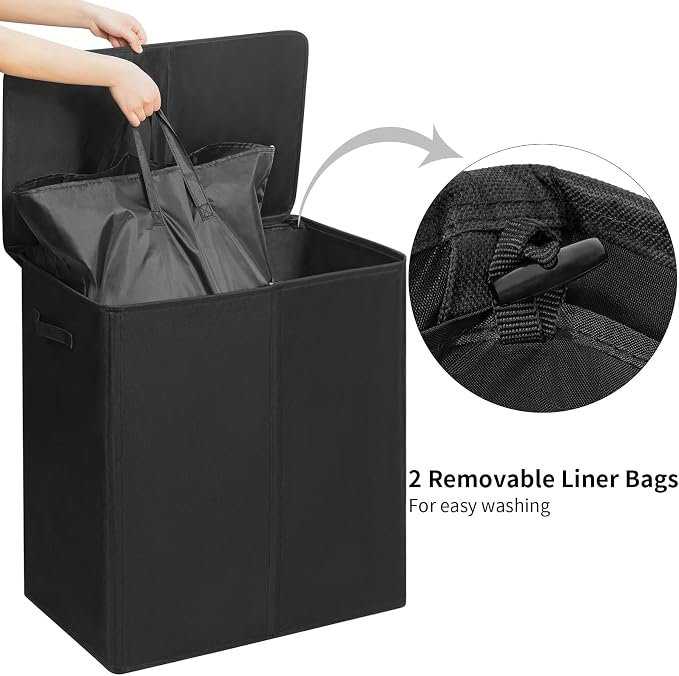 WOWLIVE 180L Double Laundry Hamper 2 Section with Lid and Removable Bags - Image 5