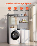 VEVOR Over The Washer and Dryer Storage Shelf, 5 Tier Laundry Room Drying Rack with Hanger Rod and Hooks, Adjustable Over Washer and Dryer Shelves, Laundry Room Shelf Storage Space Saver, Black - Image 4