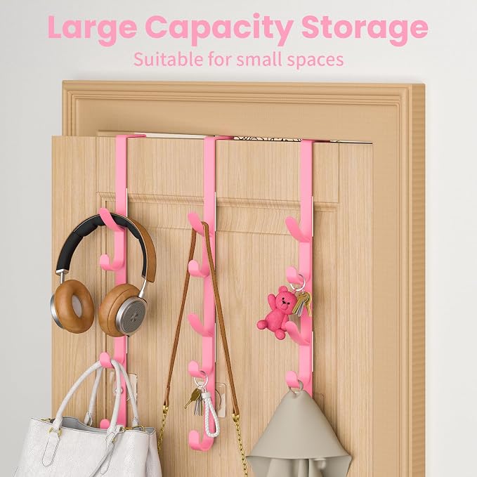 Kaiferty Over the Door Hooks, Metal Door Hooks for Hanging, Over the Door Purse Organizer for Coat Hanger, Back of Shower Door for Hanging Towel Rack Clothes, Hat, Bathroom, Closet (Pink-3Packs) - Image 3