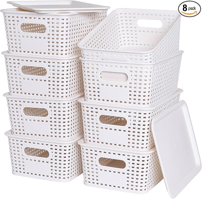Ohmlove 8 Pack Plastic Storage Baskets with Lids for Organization by OHMLOVE