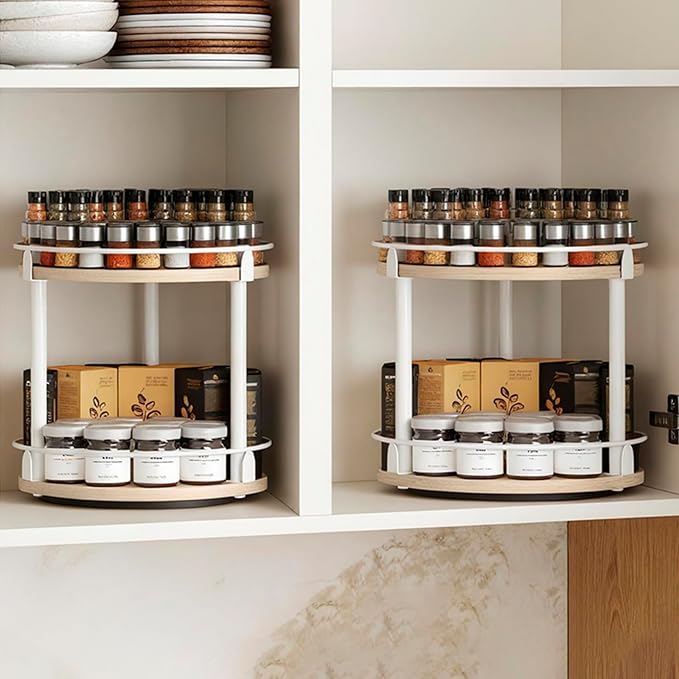 YATINEY Lazy Susan Organizer, Rotating Spice Rack, 2 Tier Spice Turntable Organizer, Industrial Turntable Spice Holder, for Kitchen Countertop, Compact and Versatile, White and Light Oak SR22WG - Image 2