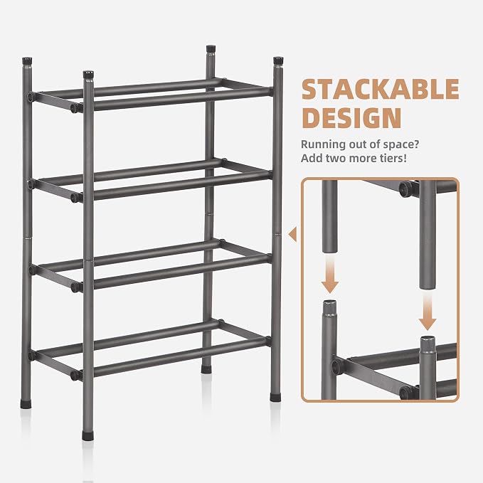 STORAGE MANIAC Expandable Shoe Rack for Closet, 8 Pairs Stackable Small Shoe Rack, Metal Adjustable Shoes Organizer for Entryway, Hallway, Garage, Front Door, Shoes Shelves, Black 2 Tier - Image 4