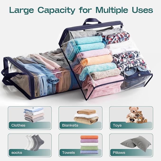 10 Pack Clear Storage Bags for Clothes, 22L Blanket Storage Bags, Under Bed Storage, Closet Organizers Bag, Upgraded Version Two-Way Zippers Design(Navy Blue) - Image 3