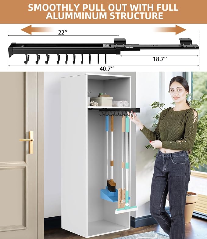 Pull Out Broom Holder With Adjustable Double Row Sliding Hook-Black 22in - Image 2