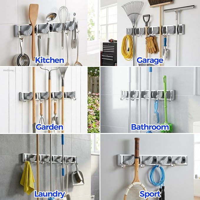 Holikme Mop Broom Holder Wall Mount Metal Pantry Organization and Storage Garden Kitchen Tool Organizer Wall Hanger for Home Goods (4 Positions with 4 Hooks, Silver) - Image 5