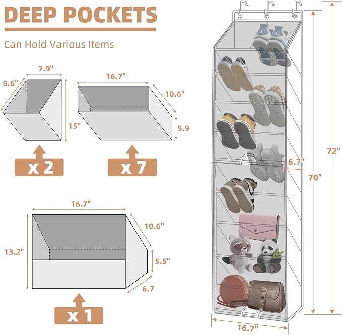 STORAGE MANIAC Over the Door Shoe Organizer with Curtain Dustproof Heavy-Duty Large Deep Pocket Hanging Shoe Organizer for Closet Dorm & Narrow Door Storage Shoe Holder Shoe Rack, 9-Shelf Black 1 Pack - Image 2