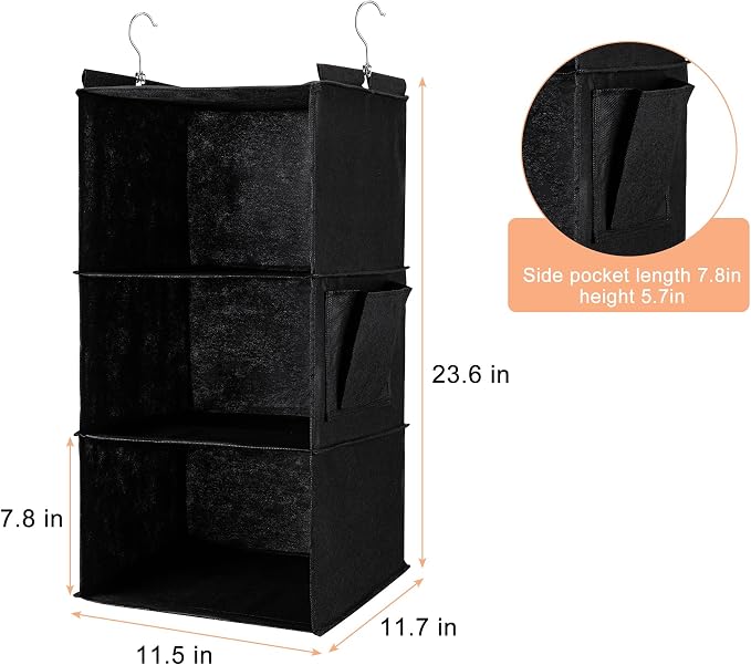 Hanging Closet Organizer and Shelves,3 Shelves with 1 Side Pockets (Black) | Foldable, Grey Fabric, Modern Style, for Bedroom and Dorm Room - Image 3