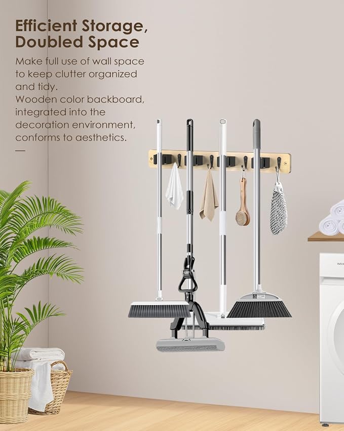 AceMining Light Wood Broom Holder Wall Mount, 4 Holders 4 Hooks Mop Holder - Image 5