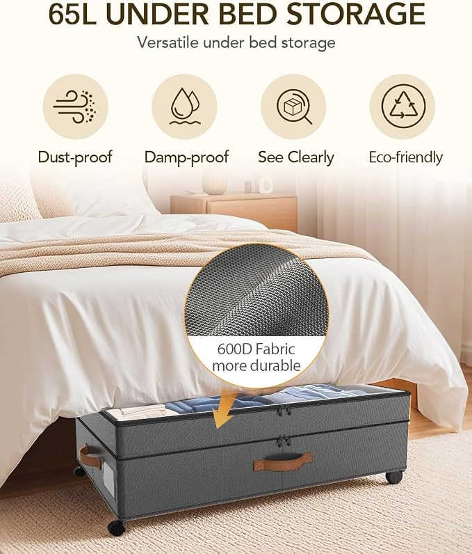 Under Bed Storage with Wheels, 10 inches Under Bed Storage Containers, 65L XXL Large Adjustable Underbed with Lids, Rolling Underbed Storage bins for Shoes, Clothes, Blankets, Grey - Image 4