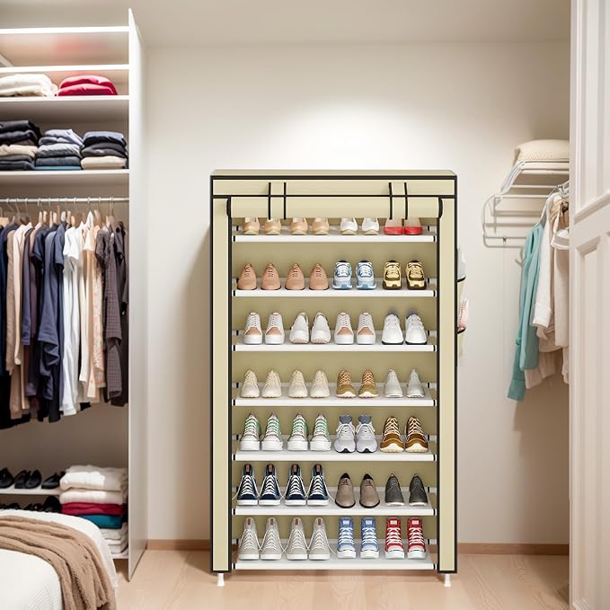 Laiensia 7-Tier Vertical Shoe Rack Organizer, Space Saving Shoe Storage Organizer, Non-Woven Cover Shoe Shelf Holds 28-35 Pairs for Bedroom, Hallway, Closet Entryway, Beige - Image 8