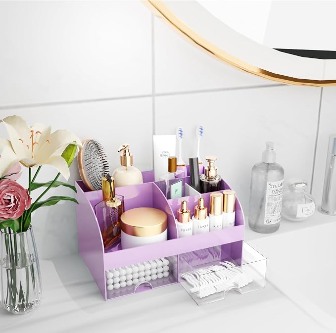 Makeup Organizer with Drawers, Cosmetic Storage for Dresser Vanity and Bathroom Countertop, Beauty Holder for Lipstick Brush, Skincare Organizer for Vanity, Cosmetic Display Case (Purple) - Image 6