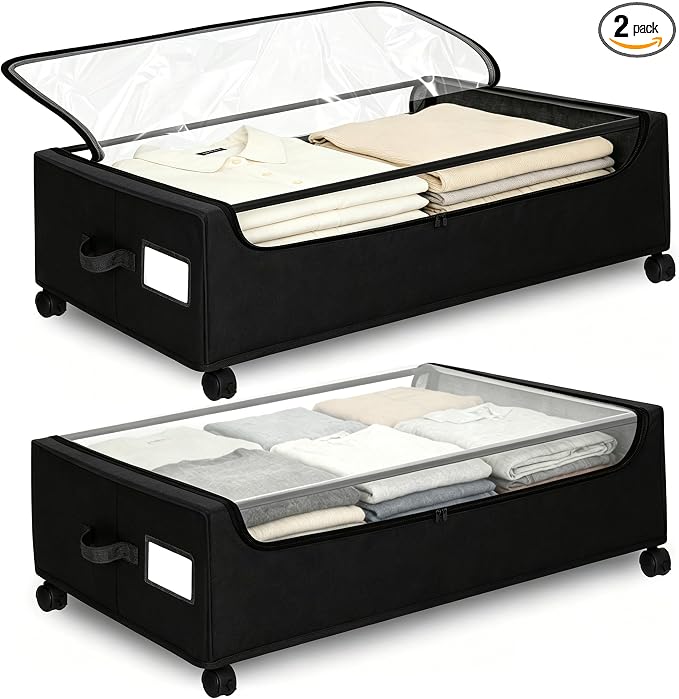 Under Bed Storage with Wheels, 2 Pack Under Bed Storage Containers, 10.6 inches Tall Underbed storage bins on Wheels, Rolling Under the Bed Metal Drawers for Clothes, Blankets, Shoes (XXXL, 90L) by Unknown