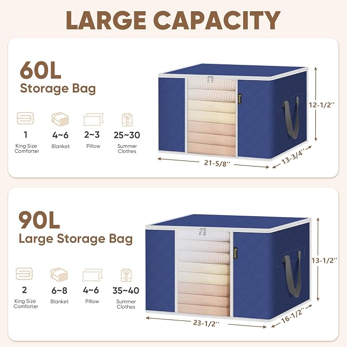 BALEINE 8 Pack Clothes Storage Bags, 24 Gallon Storage Containers with Reinforced Handle, Sturdy Zipper, Closet Organizer for Blanket, Comforter, Pillow, Bedding (Blue, 8 Pack) - Image 6
