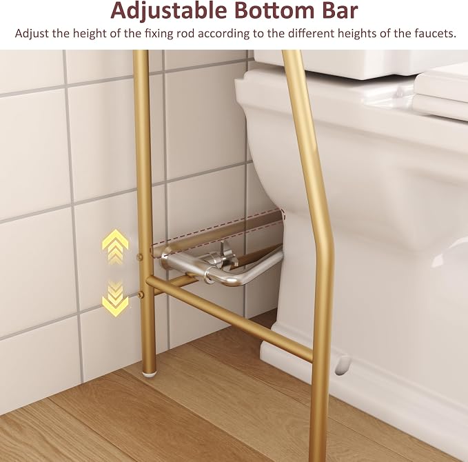 HOME BI Over The Toilet Storage Shelf, 3-Tier Over Toilet Bathroom Organizer Rack, Freestanding Space Saver Toilet Stands with Hooks (Gold) - Image 5