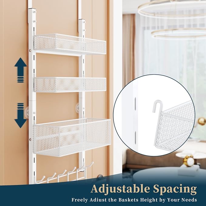 Consumest Over The Door Hooks Organizer - 4 Tier Door Coat Rack with 3 Baskets & 12 Hooks, Stainless Steel Towel Hanger for Bedroom, Bathroom, Living Room, White - Image 2
