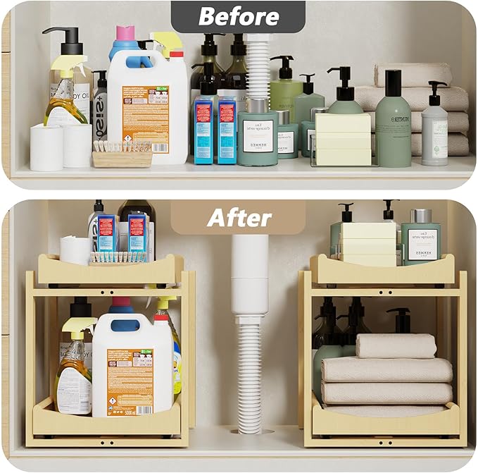 Bamboo Under Sink Organizer Adjustable Height 2 Tier Bathroom Organizer Pull Out Cabinet Storage Kitchen Heave Duty Wood Slide Ou Shelf for Kitchen Bathroom (Black, 2 Packs) (Nature, 2 Packs) - Image 5