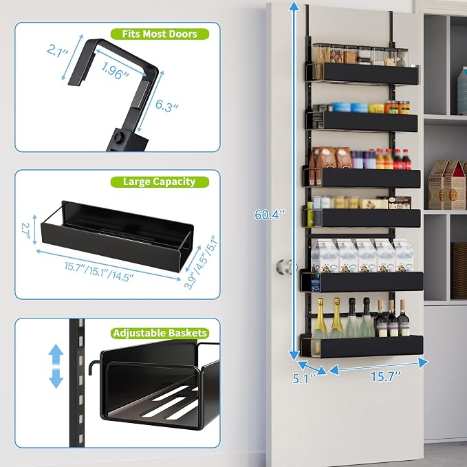 6-Tier Door Organizer, Heavy Duty Hanging Basket Spice Rack Shelves for Pantry Kitchen, Black - Image 2