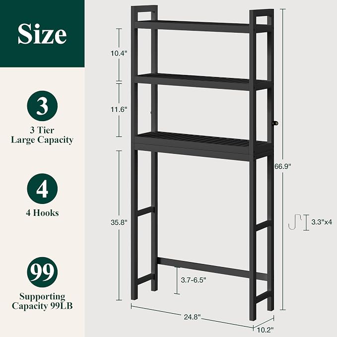 Smiry Bamboo Over The Toilet Storage Cabinet, 3 Tier, Black - Image 2