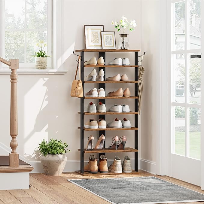 HOOBRO 8 Tiers Vertical Shoe Rack, Wooden Shoe Storage Organizer with Hooks, Narrow Shoe Tower for 16 Pairs, Space Saving, for Entryway, Living Room, Bedroom, Rustic Brown BF750XJ01 - Image 5