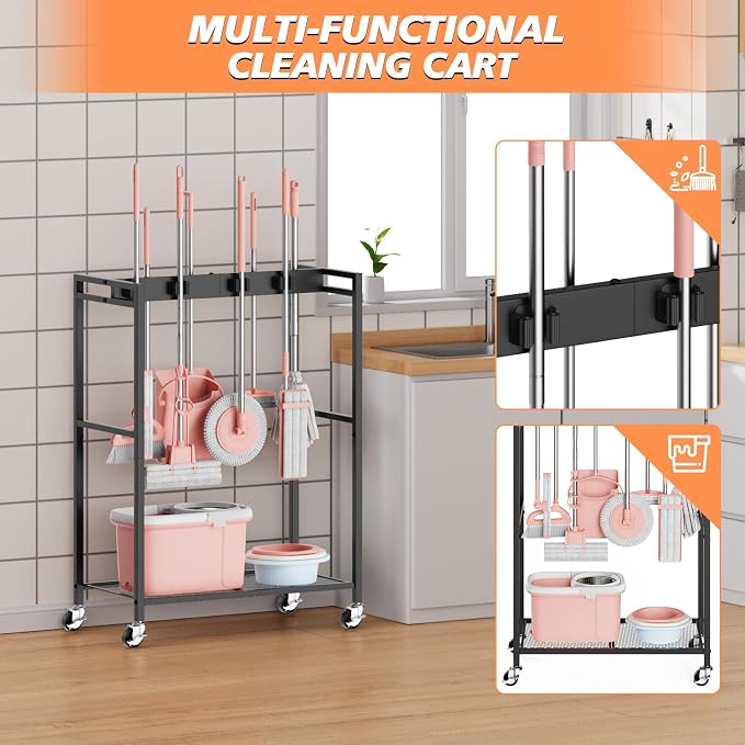Broom and Mop Holder, MUNNAR Broom Closet Storage Cabinet, Cleaning Cart with Broom and Mop Hanger, Janitorial Cart with Wheels for Household, Laundry Room Organization - Image 4