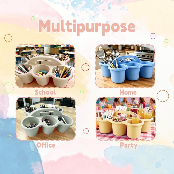 6 Pack Classroom Caddy Organizer with Handle Macaron Plastic Table Caddy 6 Compartments Storage Cup Holder for School Supplies Art Crafts Crayons Pencil Stackable Desk Caddy for Office Home - Image 7