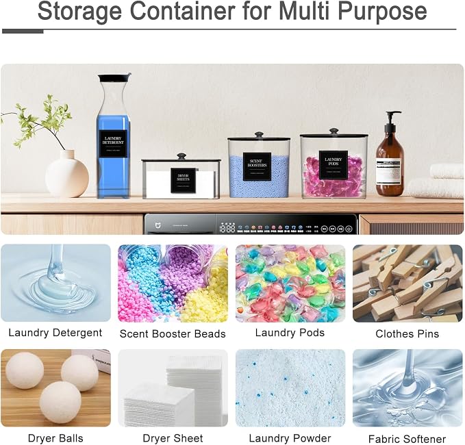 3+1 Pack Laundry Pods Containers & Dryer Sheet Holder & Laundry Detergent Dispenser, Laundry Room Organization and Storage Jars with Lids, Labels and Scoops for Scent Booster Powder Pods, Black Lid - Image 6