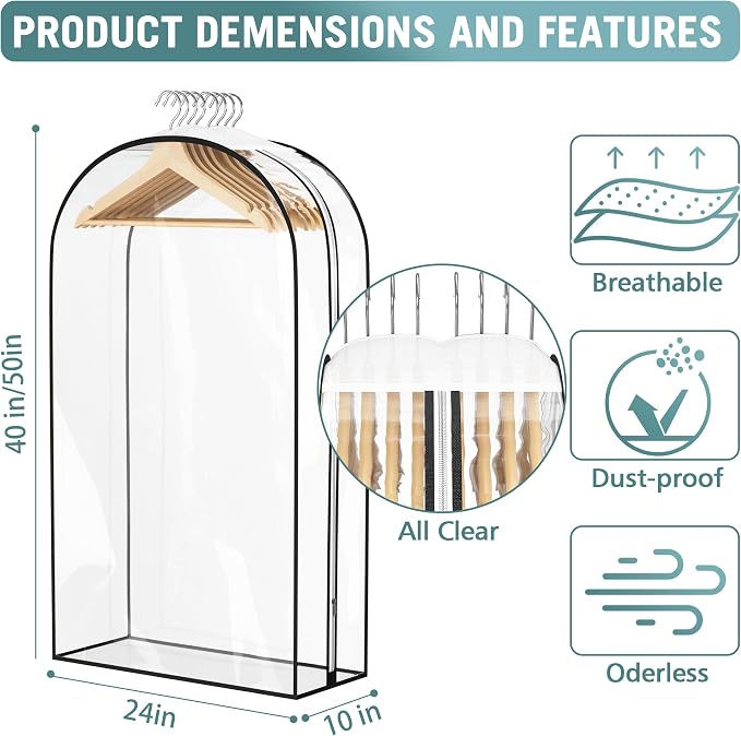 Liuoud Clear Garment Bags for Hanging Clothes 10” Gusseted, 6 Pack, 40”&50” | Suit Bags for Closet Storage with Large Metal Zipper, Breathable odorless Hanging Plastic Clothes Cover for Coat Dress Fur - Image 5