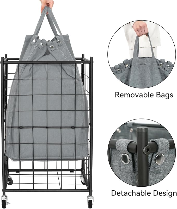 WOWLIVE Rolling Laundry Basket, Metal Wire Frame Laundry Hamper with Wheels - Image 6