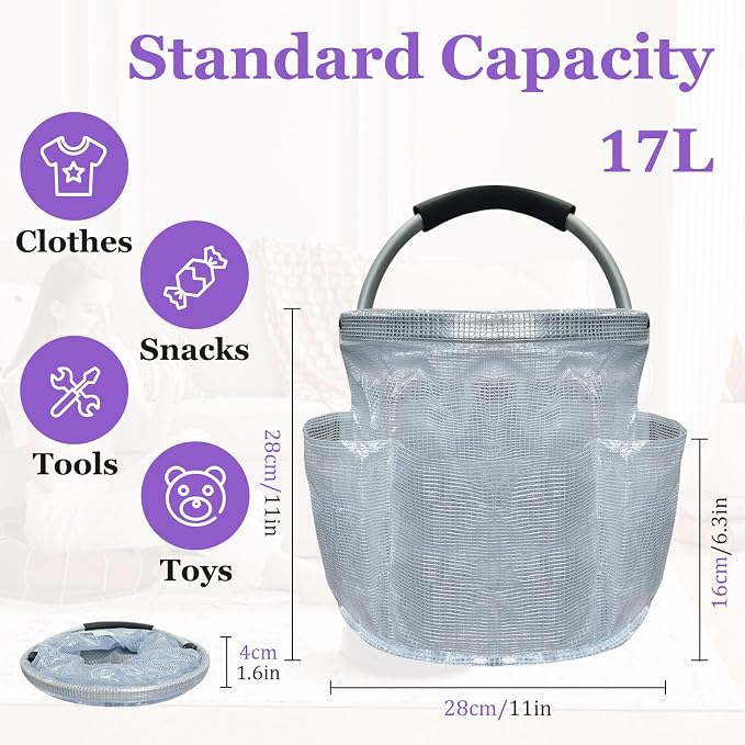 17L Portable Shower Caddy with Handle, Foldable Cleaning Supply Caddy in PVC Resin, Picnic Basket with 6 Side Pockets, Multifunctional Storage Basket for Bathroom, Picnics, Transparent - Image 2