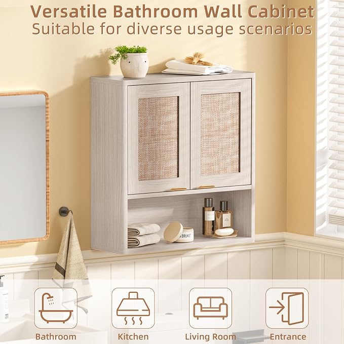 LEYAOYAO Rattan Bathroom Wall Storage Cabinet, Boho Medicine Cabinet - Image 6