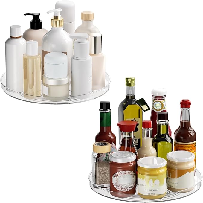 2 Pack Lazy Susan Organizer Turntable, Clear 9 Inch Rotating Organizer Tray for Cabinet Table Top, Round Non-Skid Refrigerator Lazy Susan, Kitchen Storage for Pantry Countertop Bathroom, Spice Rack by Lulltou