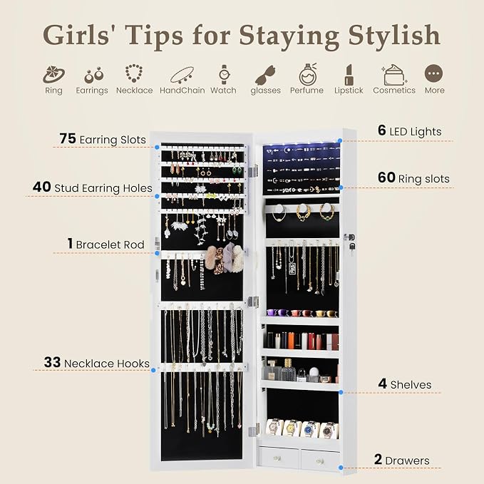 DUMOS 6 LEDs Mirror Jewelry Cabinet, Wall or Door Mounted Jewelry Organizer, 47.2-Inch Tall Lockable Large Capacity Cosmetic Storage, Gift Idea, White - Image 3