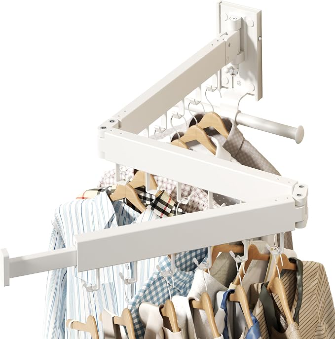 HEILAIYI Wall Mounted Clothes Hanger,Clothes Drying Rack,Laundry Drying Rack,Clothes Rack Wall Mount,Drying Rack Clothing,Retractable,Collapsible,can Fold Upward & Left & Right (Upgrade-White) - Image 3