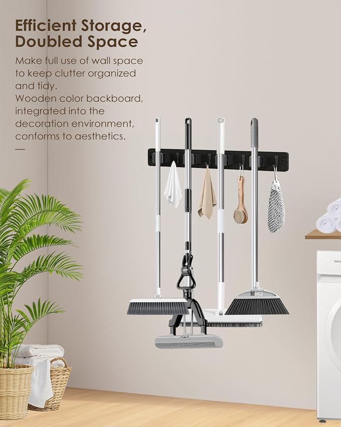 AceMining Black Broom Holder Wall Mount, 4 Holders 4 Hooks Mop Holder - Image 5
