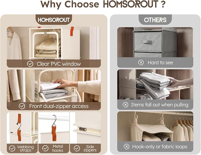 Homsorout 6-Tier Modular Hanging Closet Organizer Shelves, Beige | 3+3 Modular Design, Clear Window, Front Opening, Fabric Vertical Storage, Closet Storage for Home, Apartment, Nursery, RV - Image 4
