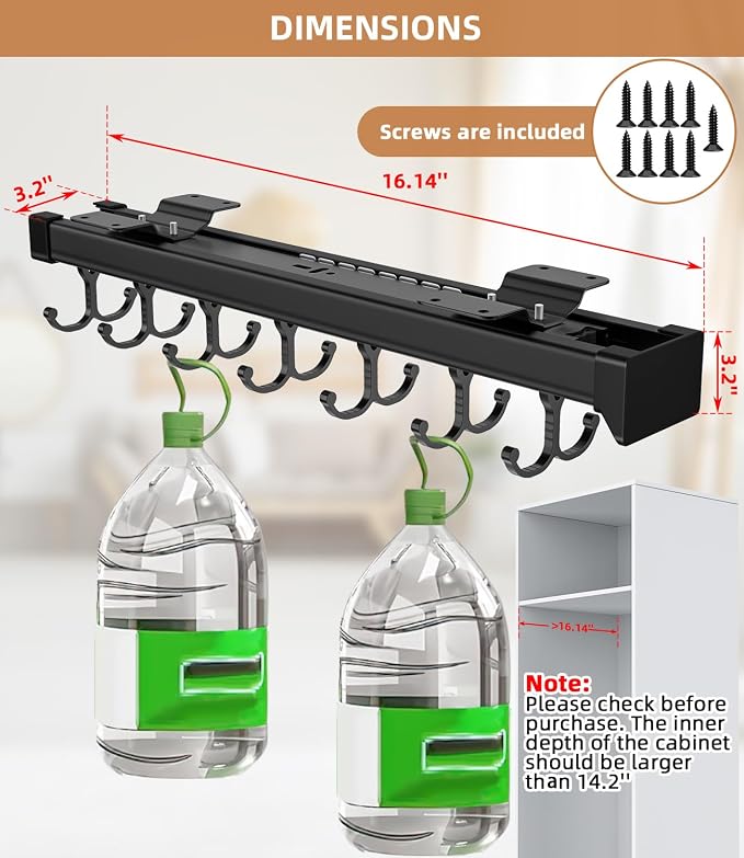 Pull Out Broom Holder With Adjustable Double Row Sliding Hook, Multifunctional Slide Broom And Mop Storage/Organizer Garage Organization Hooks, for Closet Laundry - /16.14inch - Image 3