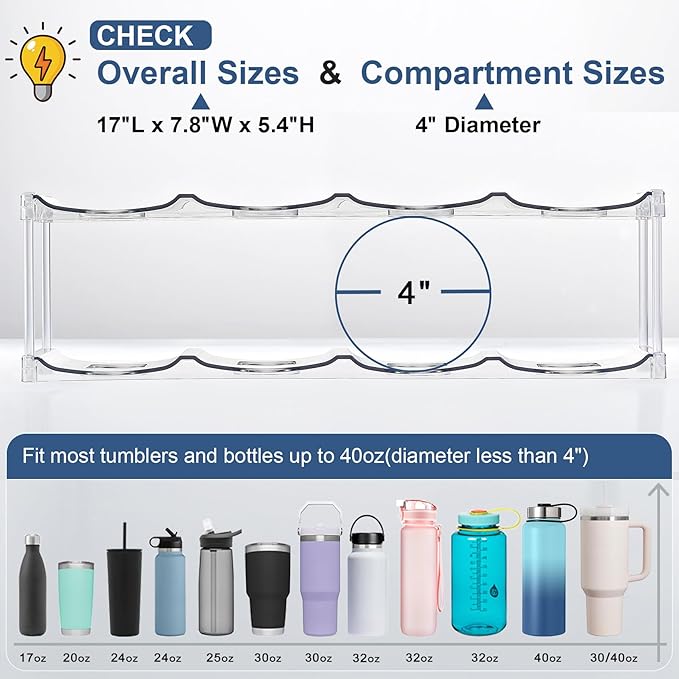 LARGER Compartment - 4 Tier Stackable Water Bottle Organizer Holder - for Stanley 40oz & Others' Large Tumbler - Clear Wine Rack, 16 Cup Bottle Holder for Cabinet Home Countertop Fridge Pantry Shelf - Image 4